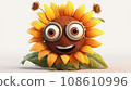 Funny sunflower with big eyes and ears with antennae. Smiling happy flower on isolated white background.  108610996