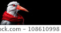 Portrait close up of a white stork dressed in a warm knitted red scarf on a long neck. Panoramic image of the stork head on the left against the background of a black isolated banner.  108610998