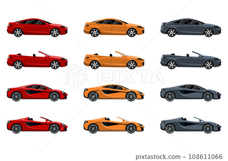 Cartoon set of exclusive sports cars and convertibles. Vector illustration of modern luxury transport 108611066