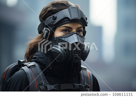 a woman wearing a gas mask and looking at the camera with an urban city in the background is blurry a woman wearing a gas mask and looking at the camera with an urban city in the background is blurry 108611131