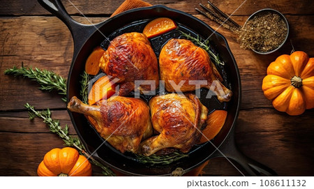 roasted chicken in a cast iron skill pan on a rustic wooden table with pumpkins, rosemary and thylings 108611132