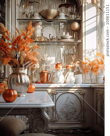 a dining room with pumpkins and glassware on the shelves in the centerpiece is an antique china cabinet 108611151