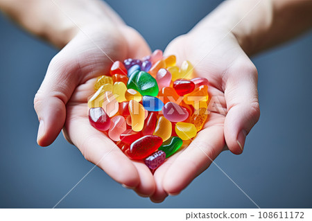 CBG Gummies. two hands holding small pieces of gums in the shape of a heart made out of multi - colored gums 108611172