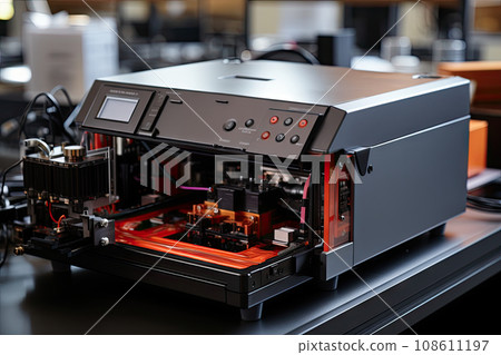 a 3d printer sitting on a table with other machines in the background and an orange light coming from behind it a 3d printer sitting on a table with other machines in the background and an orange light coming from behind it 108611197