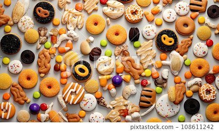 many different kinds of cookies and candis on a white background with space for your text or image stock photo 108611242