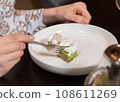Cropped view of woman cutting healthy dessert with a fork 108611269