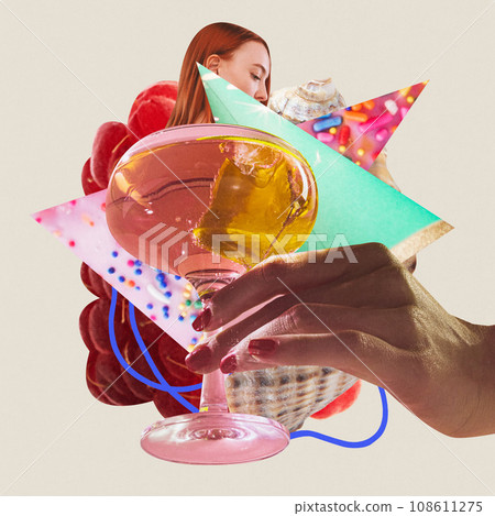 Poster. Contemporary art collage. Female hand holds light sweet cocktail over creative modern background. Poster. Contemporary art collage. Female hand holds light sweet cocktail over creative modern background. 108611275