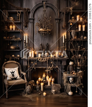 halloween decorations with candles, skulls and other items on the floor in front of an old wooden cabinetd room 108611276