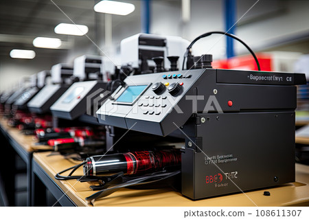 an electronic device on a table with other electronics in the background and some wires running across the top of it an electronic device on a table with other electronics in the background and some wires running across the top of it 108611307