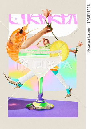 Poster. Contemporary art collage. Modern creative artwork. Funny young woman with long legs jump behinds cocktail glass decorated shrimp. 108611308