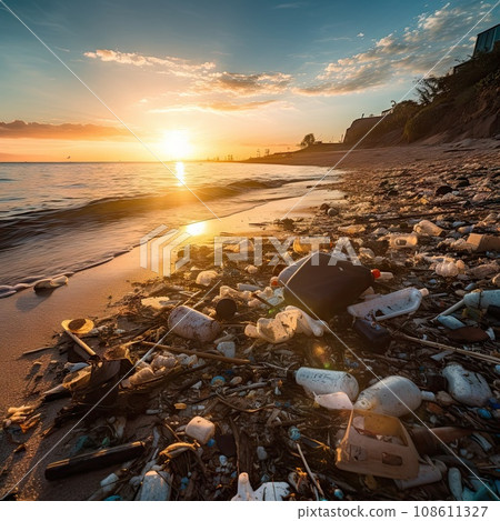trash on the beach at sunset with the sun setting over the ocean and clouds in the sky, as seen from the shore trash on the beach at sunset with the sun setting over the ocean and clouds in the sky, as seen from the shore 108611327