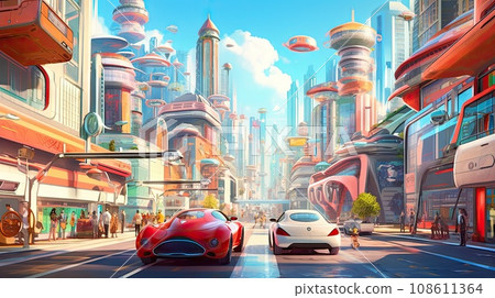 a futuristic city with cars and people walking on the street, in front of some tall buildings there is a red sports car 108611364