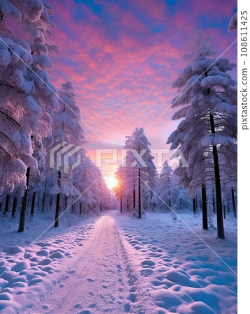 snow covered trees and the sun setting in the distance, with pink hues on the sky over the horizon snow covered trees and the sun setting in the distance, with pink hues on the sky over the horizon 108611425