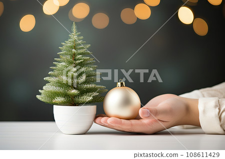 a person holding a small christmas tree in their hand, with lights on the other side of the table behind them 108611429