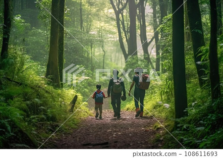two people walking down a path in the woods, one person is carrying a backpack and the other is holding a child's 108611693