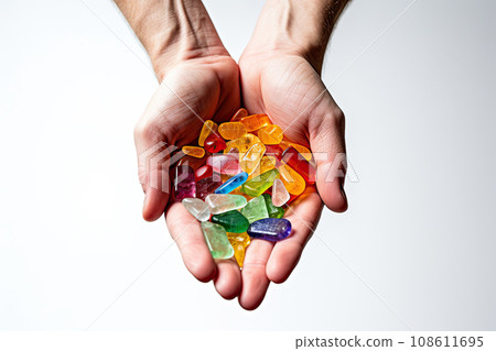 CBG Gummies. someone's hands holding a handful of gums in their left hand, on a white background with room for text 108611695