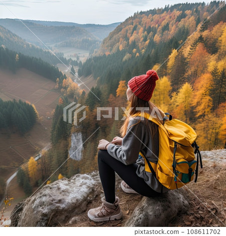 a woman sitting on top of a mountain looking out over the valley and mountains in autumn, wearing a yellow backpack 108611702