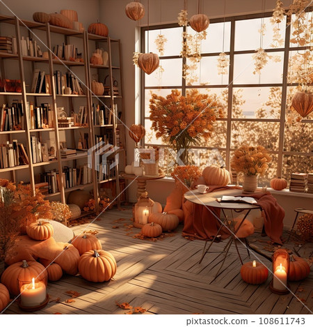 a room with pumpkins on the floor and booksheles in the window, all set up for halloween 108611743