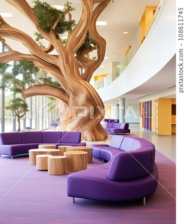 an office lobby with purple couches and large wooden tree in the room is filled with lots of natural wood 108611745