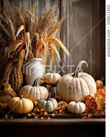 pumpkins and gourds on a wooden table with autumn leaves, corn and wheat in the background is an old barn door 108611802