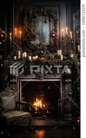 an old fireplace with candles and ivys on the mantle, in front of a mirror that is lit by candlelight an old fireplace with candles and ivys on the mantle, in front of a mirror that is lit by candlelight 108611929