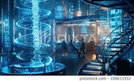 the inside of a science laboratory with blue lights and people working on computers in the room is illuminated by spirals 108611932