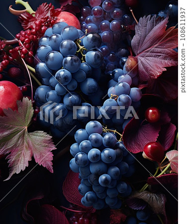 grapes and red leaves on a black background with the text, how to use color in your food photography 108611937