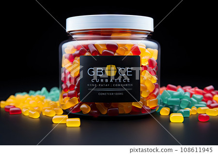 CBG Gummies. some gums and jelly beans in a glass jar on a black background with the word grace written across it CBG Gummies. some gums and jelly beans in a glass jar on a black background with the word grace written across it 108611945