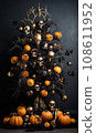 a halloween tree with skulls, pumpkins and other decorations on the bottom half of the christmas tree is black 108611952