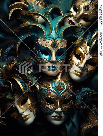 Masks with blue and gold paint on them, one is in the middle part of the mask's face Masks with blue and gold paint on them, one is in the middle part of the mask's face 108611953
