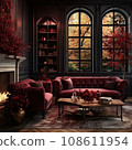 a living room with red couches, fireplaces and large windows that look out to the autumn trees outside 108611954