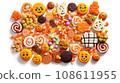 halloween candys and candis on a white background with the words happy halloween written in orange, black letters 108611955