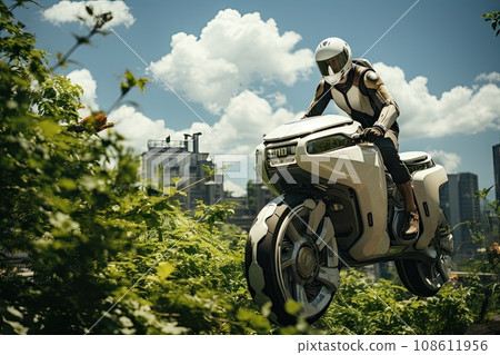 a person on a motorcycle in the middle of some bushes and trees, with buildings in the distance behind them 108611956
