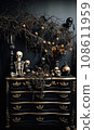 an old chest with skeletons and skulls on it, sitting in front of a black wall behind the chest is a skull tree 108611959