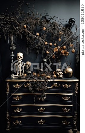 an old chest with skeletons and skulls on it, sitting in front of a black wall behind the chest is a skull tree 108611959