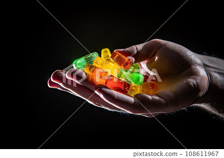 CBG Gummies. a person's hand holding several colored ice cubes in the image is on a black background and there are two fingers CBG Gummies. a person's hand holding several colored ice cubes in the image is on a black background and there are two fingers 108611967