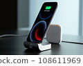 an iphone with the charging station attached to it's base, sitting on a desk in front of a window 108611969