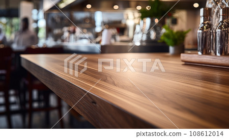 image of wooden table in front of abstract blurred background of resturant lights 108612014