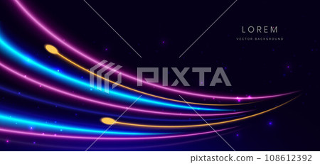 Abstract technology futuristic glowing neon blue and pink curved light lines with speed motion moving on dark blue background. 108612392