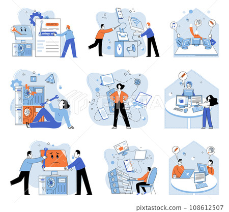 Technical support. Vector illustration. Professionals in field technology employ various techniques to solve complex problems Engineering requires deep understanding technical concepts and Engineering 108612507