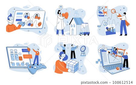 Web 3 vector illustration. Businesses thrive in digital economy by leveraging blockchain technology and cryptocurrencies The cyber world encompasses virtual spaces and digital interactions facilitated 108612514