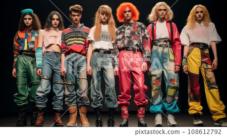 models in 90's style clothes, modern collection of clothes on the catwalk.  108612792