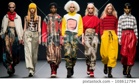 Models dressed in the style of the 90's, modern collection of clothes on the runway. Models dressed in the style of the 90's, modern collection of clothes on the runway. 108612794