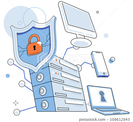 Cyber security vector illustration. Tech experts play significant role in developing robust cyber defense strategies Confidential data should be secured within protected database Guards provide Cyber security vector illustration. Tech experts play significant role in developing robust cyber defense strategies Confidential data should be secured within protected database Guards provide 108612843
