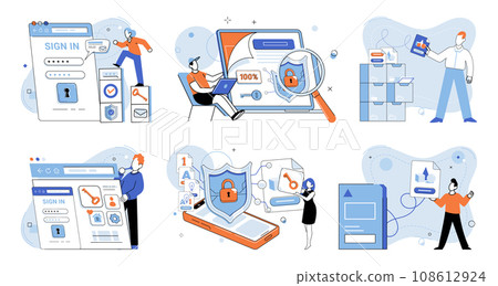 Information security vector illustration. The information security metaphor highlights need for proactive measures to safeguard digital information Protecting confidential data is essential to prevent 108612924