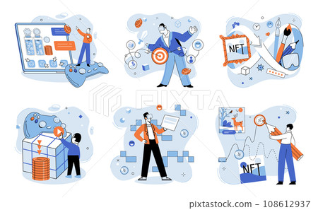 Digital asset vector illustration. The concept digital assets encompasses wide range intangible forms value Non fungible tokens NFTs enable ownership and trading unique digital assets Bitcoin 108612937