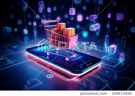 AI Generated futuristic modern online shopping by mobile device with shopping cart. AI Generated futuristic modern online shopping by mobile device with shopping cart. 108613096
