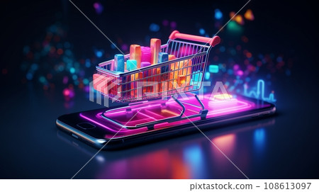 AI Generated futuristic modern online shopping by mobile device with shopping cart. 108613097