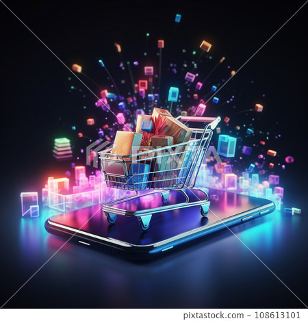 AI Generated futuristic modern online shopping by mobile device with shopping cart. 108613101