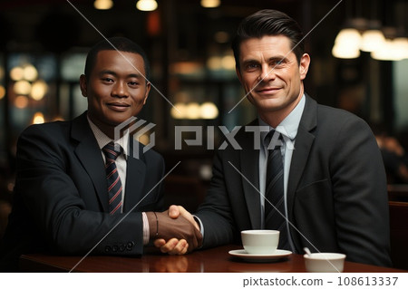 A European or American businessman shakes hands with a counterpart from a South-Eastern Asia in a professional indoor setting. Their confident handshake signifies a successful business deal and 108613337